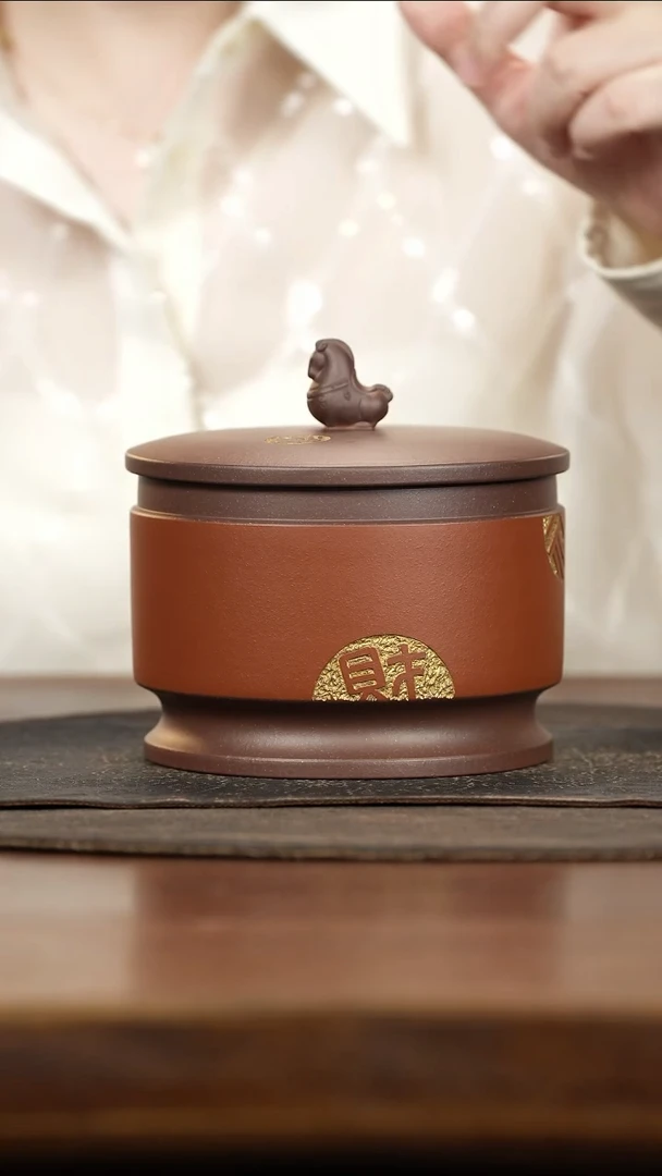 紫砂茶叶罐马钮朱泥刻福禄寿喜财茶叶罐