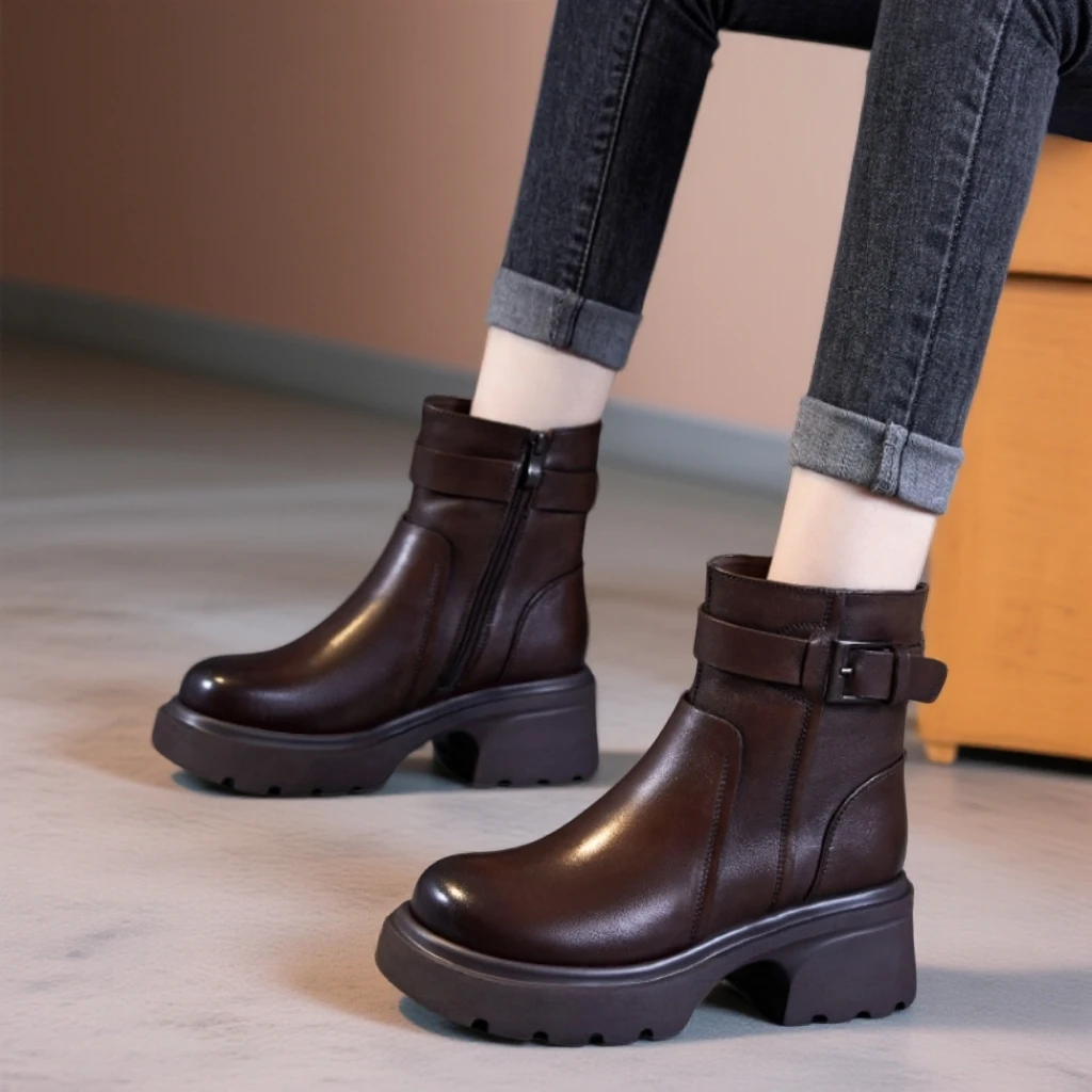 【跟高6公分】【尺码35-40】新款圆头秋冬真皮百搭时尚英伦风马丁靴