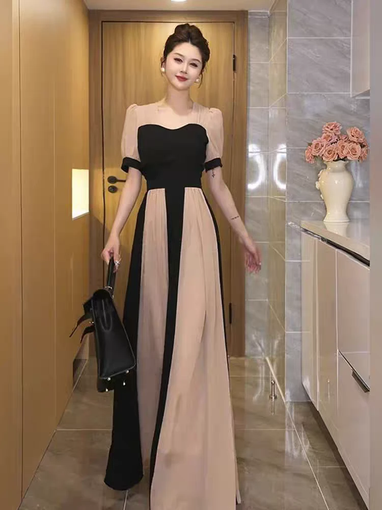 8168-B-4-3-1     夏季新款时尚气质爆款法式复古撞色拼接连衣裙