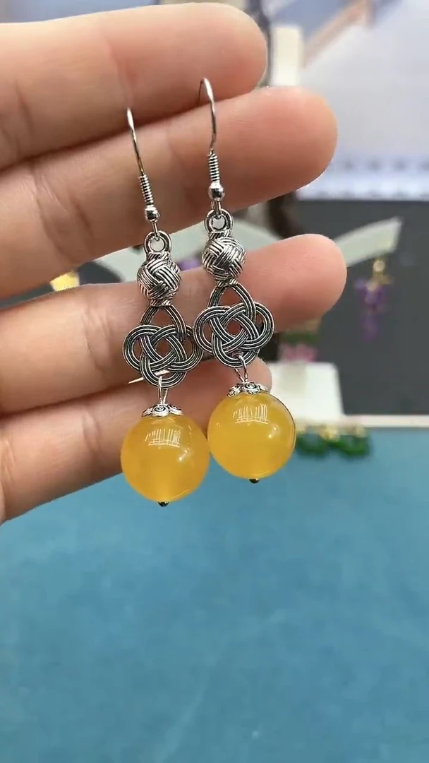 【闪购商品】玛瑙/玉髓耳饰银S925镶嵌黄珠中国结