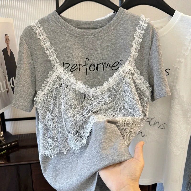 中大童夏季新款蕾丝假两件短袖T恤儿童洋气圆领针织公主韩版上衣