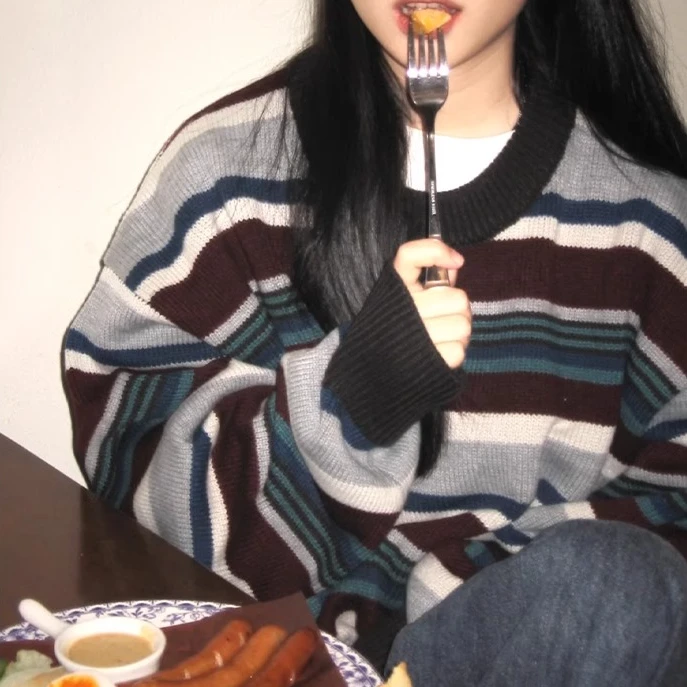 美式复古撞色条纹毛衣女秋冬休闲oversize宽松减龄圆领长袖针织衫