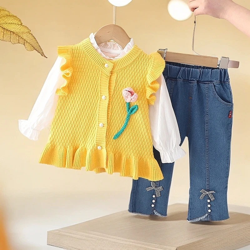 【三件套】中小童可爱甜美公主风毛衣马甲衬衣牛仔裤高品质女宝童装