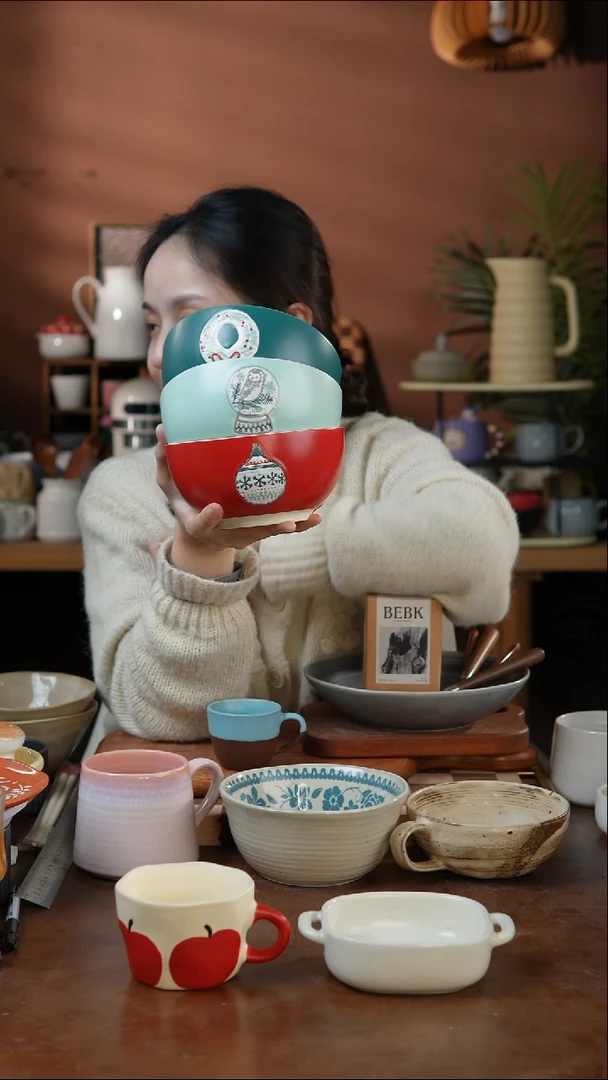 瓷片圣诞系列面碗 3个装 微瑕 凑满20发货