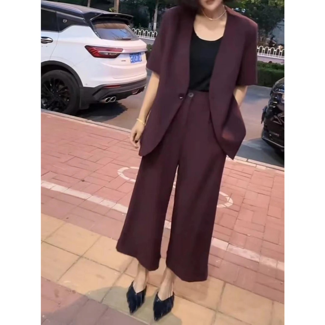 大码女装薄款西装九分阔腿裤套装胖mmV领西服洋气宽松一整套2830
