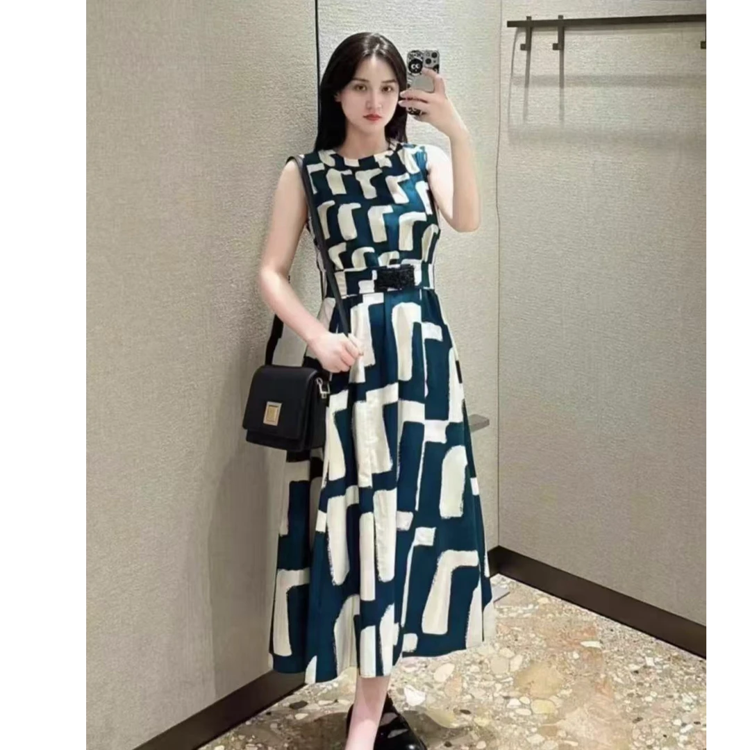 HNLINSHAN【寸间】夏新款优雅印花棉府绸连衣裙BXQ2027