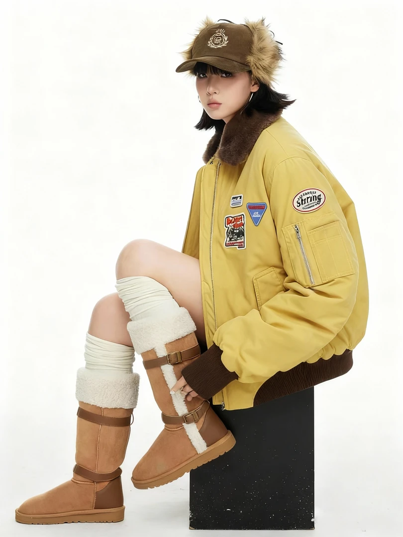 美式运动宽松潮流拼色微章飞行员夹克外套韩版中性风黄色棉服棉衣