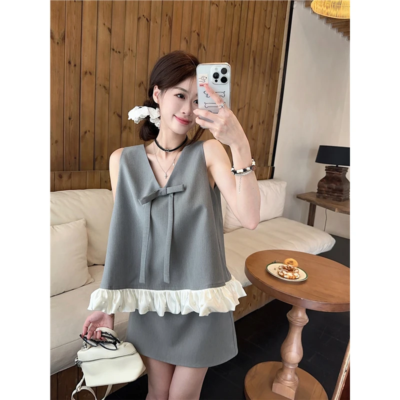 灰色蝴蝶结v领西装马甲背心女夏季时尚套装a字短裙半身裙子两件套