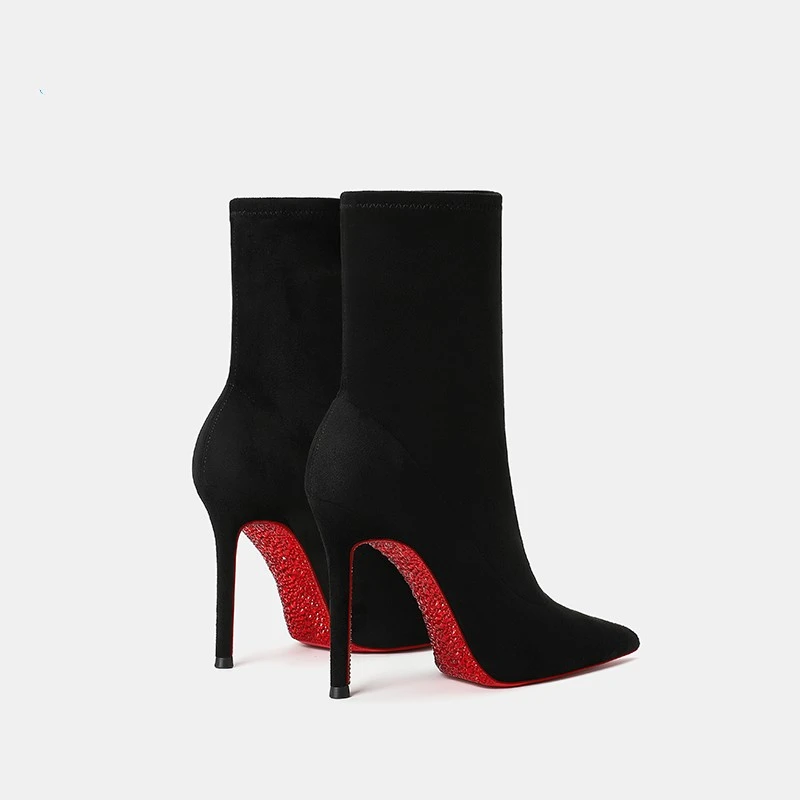 高跟瘦瘦靴女2025秋冬季新款红底水钻底尖头靴子中筒细跟弹力靴