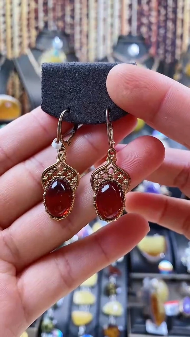 银S925镶嵌琥珀耳饰耳环