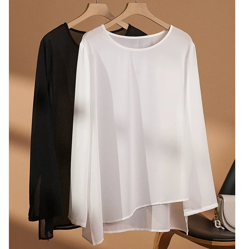 南油田公子（乔其）轻薄百搭上衣女2025春夏新款圆领长袖纯色T恤