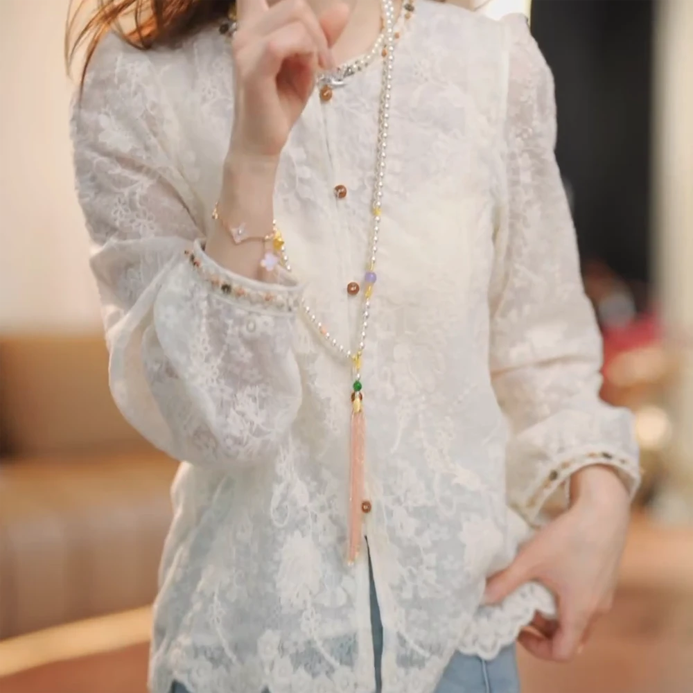 【溜肩救星】2025春装新款法式圆领单排扣蕾丝上衣重工复古