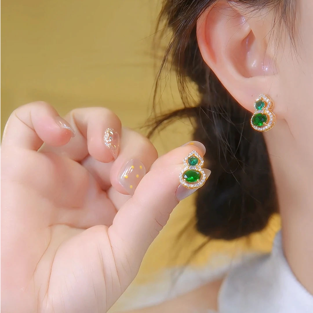 铜合金仿珍珠耳饰 925银针绿色葫芦耳钉锆钻珠珠耳环圆脸耳饰时尚