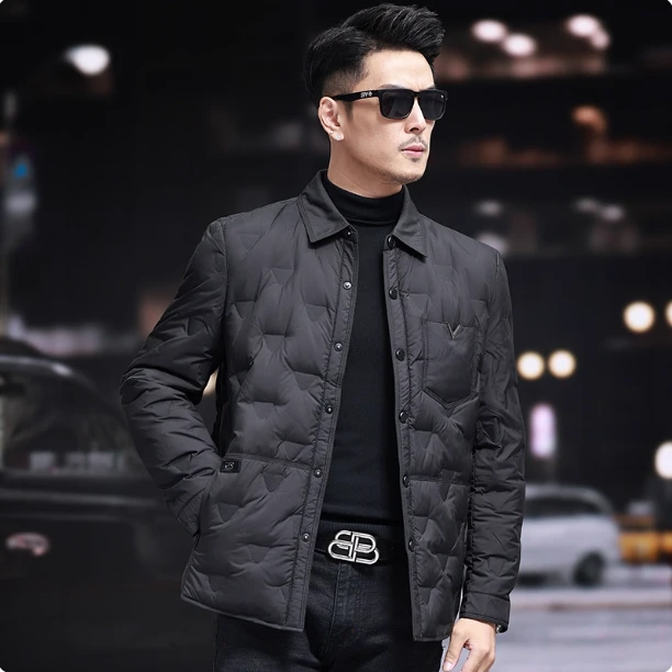 秋冬季男士轻薄款羽绒服外套翻领商务休闲时尚衬衣夹克保暖冬装