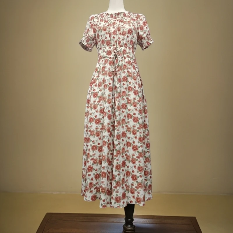 夏季圆领法式玫瑰印花收腰显瘦连衣裙长裙A121