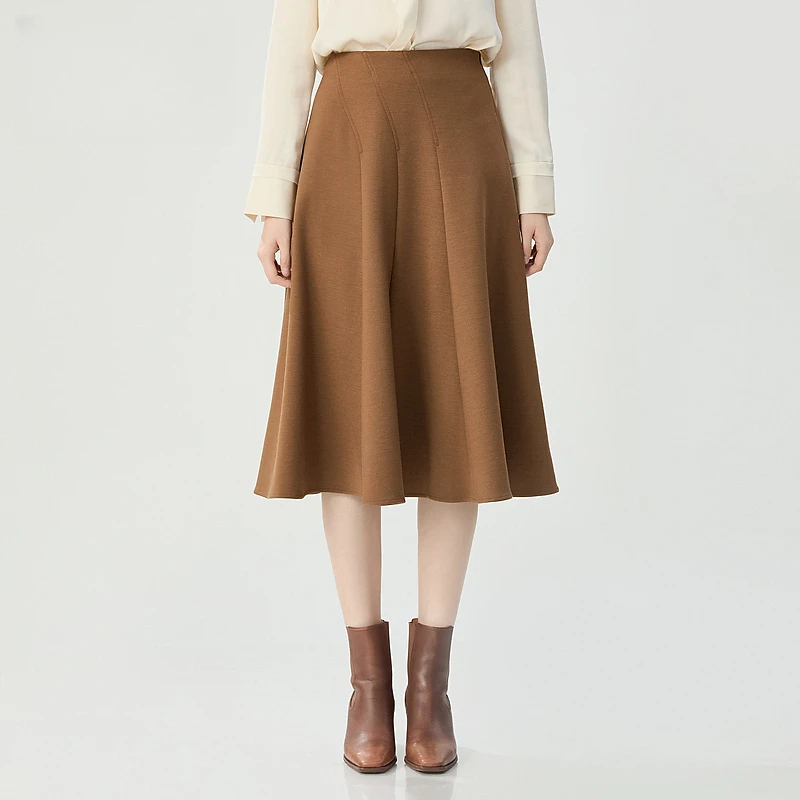哥弟新款女装优雅纯色绵羊毛伞裙高腰显瘦中裙半身裙女士1200378