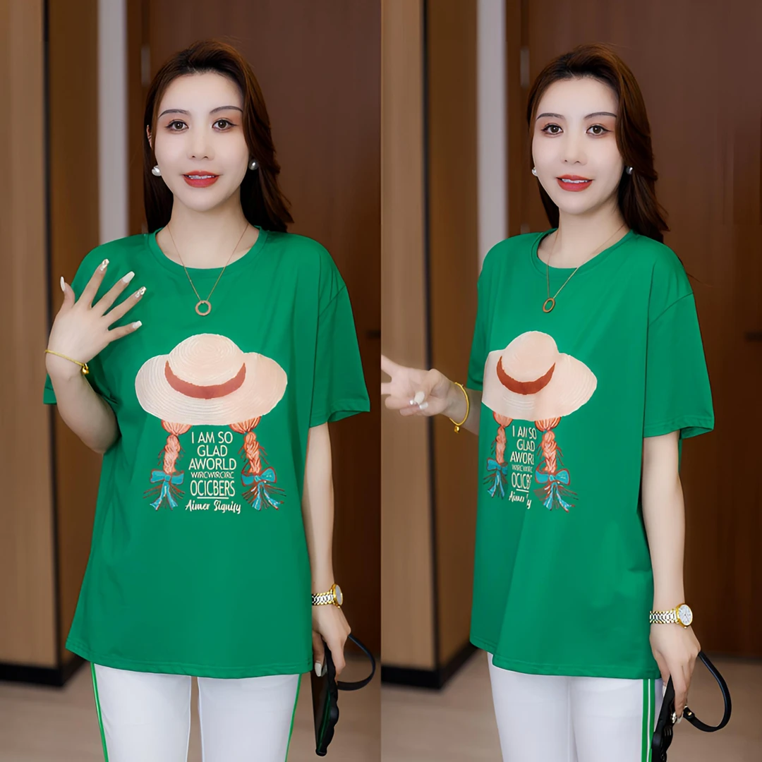 2025夏季新款中长款修身显瘦夏季T恤印花显瘦休闲T恤减龄大版t恤