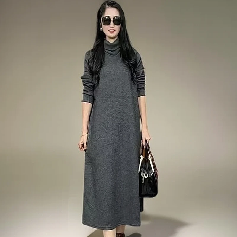 008秋冬显瘦气质中长款加绒时尚加厚显瘦时尚显瘦高领女装连衣裙