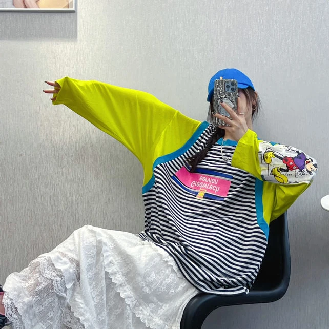 LY家9500#D.X 条纹拼接袖宽松休闲百搭长袖T恤