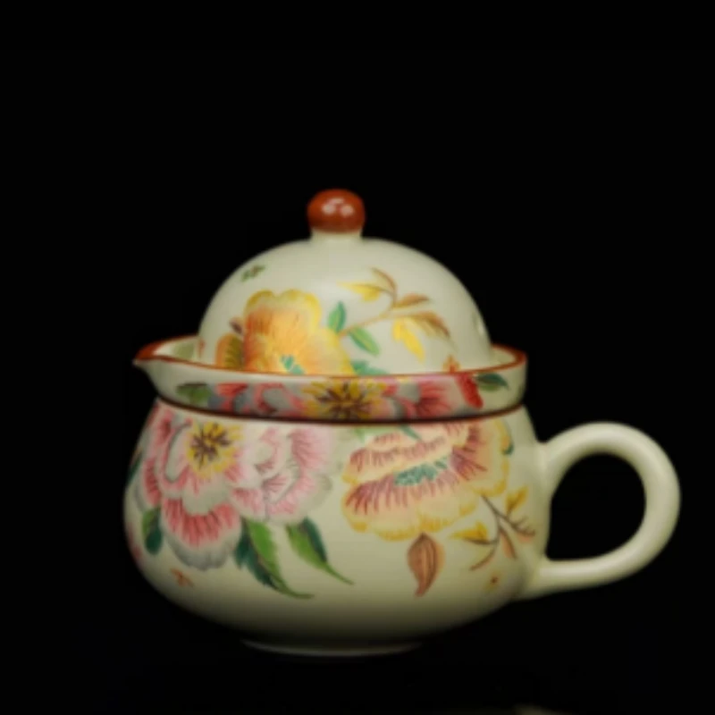 米黄牡丹茶咖杯快客带包KK0653