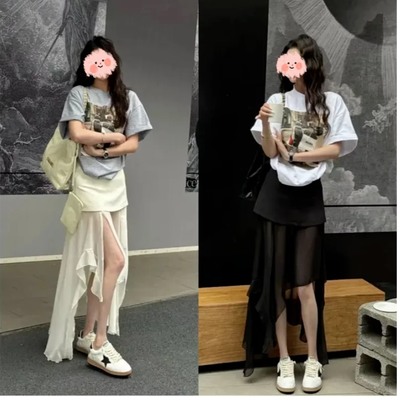 韩系街景印花圆领百搭短袖T恤时尚西装裙拼接不规则半身纱裙裤