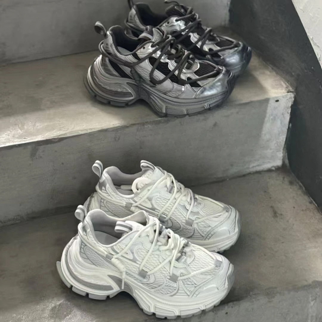 韩版增高厚底老爹鞋女2025早春真皮时尚网面系带透气运动鞋ins