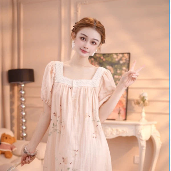 【青栀】睡衣女棉裙子宽松甜美大码时尚休闲夏季睡衣XJ