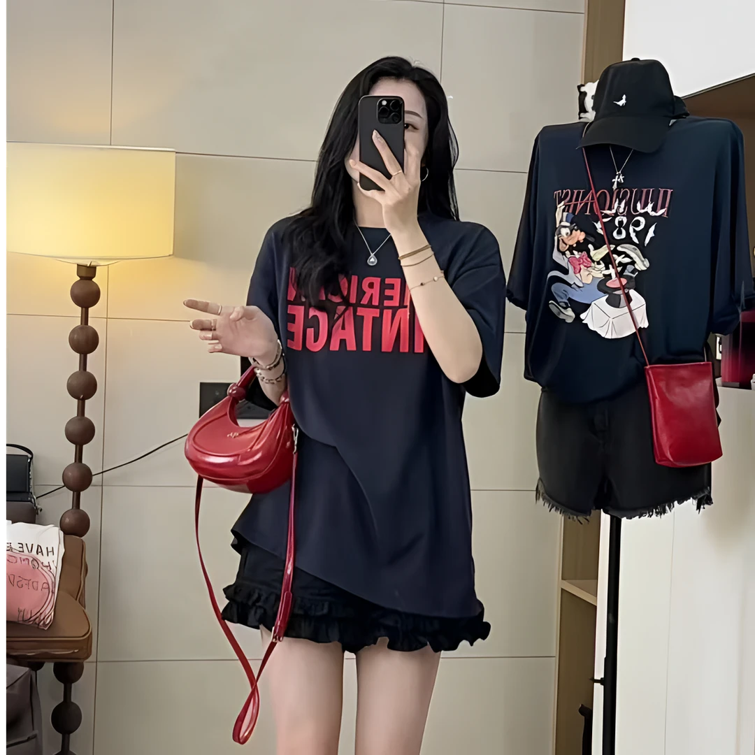 【复古字母】夏季新款2025时尚百搭休闲宽松显瘦半袖纯棉圆领t恤