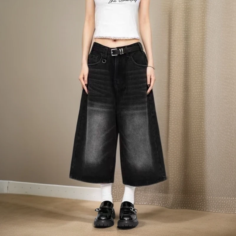 FAVMARTHA美式高街复古水洗做旧宽松直筒牛仔秋季长裤阔腿七分裤