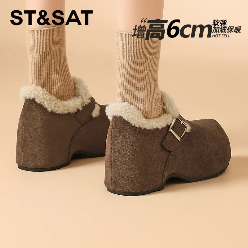 星期六羊毛厚底复古勃肯鞋女2025爆款冬季加绒保暖棉鞋丑萌乐福鞋