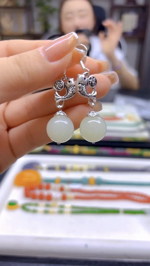 和田玉（白玉）银S925镶嵌耳饰DIY款E783