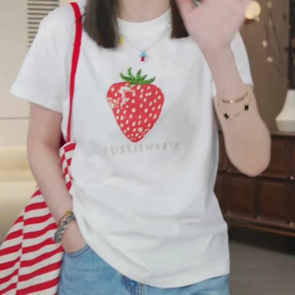 【草莓T】夏季新款定制款韩系风手工钉珠圆领刺绣草莓短袖T恤