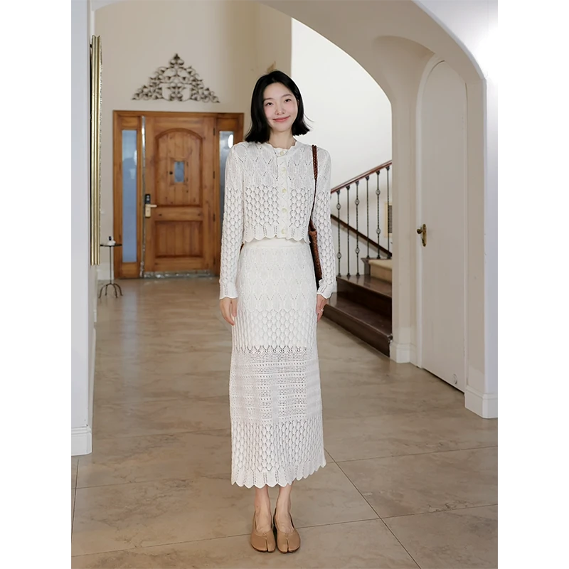 郭九九呢 纯棉气质勾织镂空显瘦开衫上衣高腰直筒半裙 G925Z00960