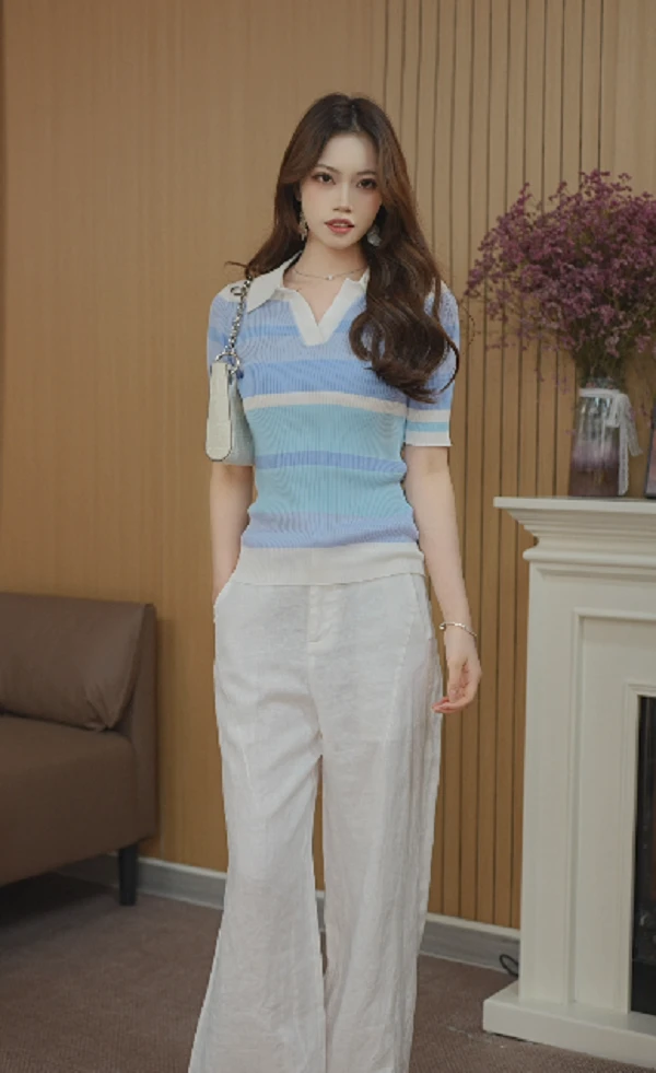 A006-女短袖条纹彩虹夏季方领毛针织衫显瘦宽松欧若精灵风
