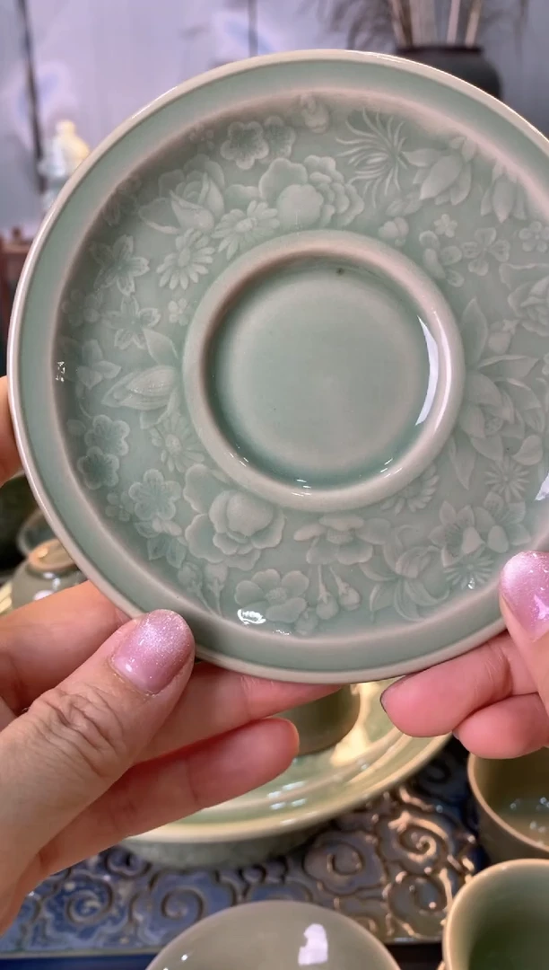 耀州窑微瑕 百花底托杯托 一个