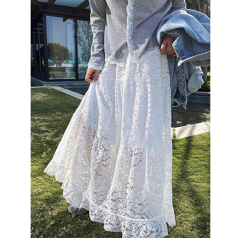 法式复古白色蕾丝半身裙女夏季中长款松紧腰显瘦宽松大摆a字长裙
