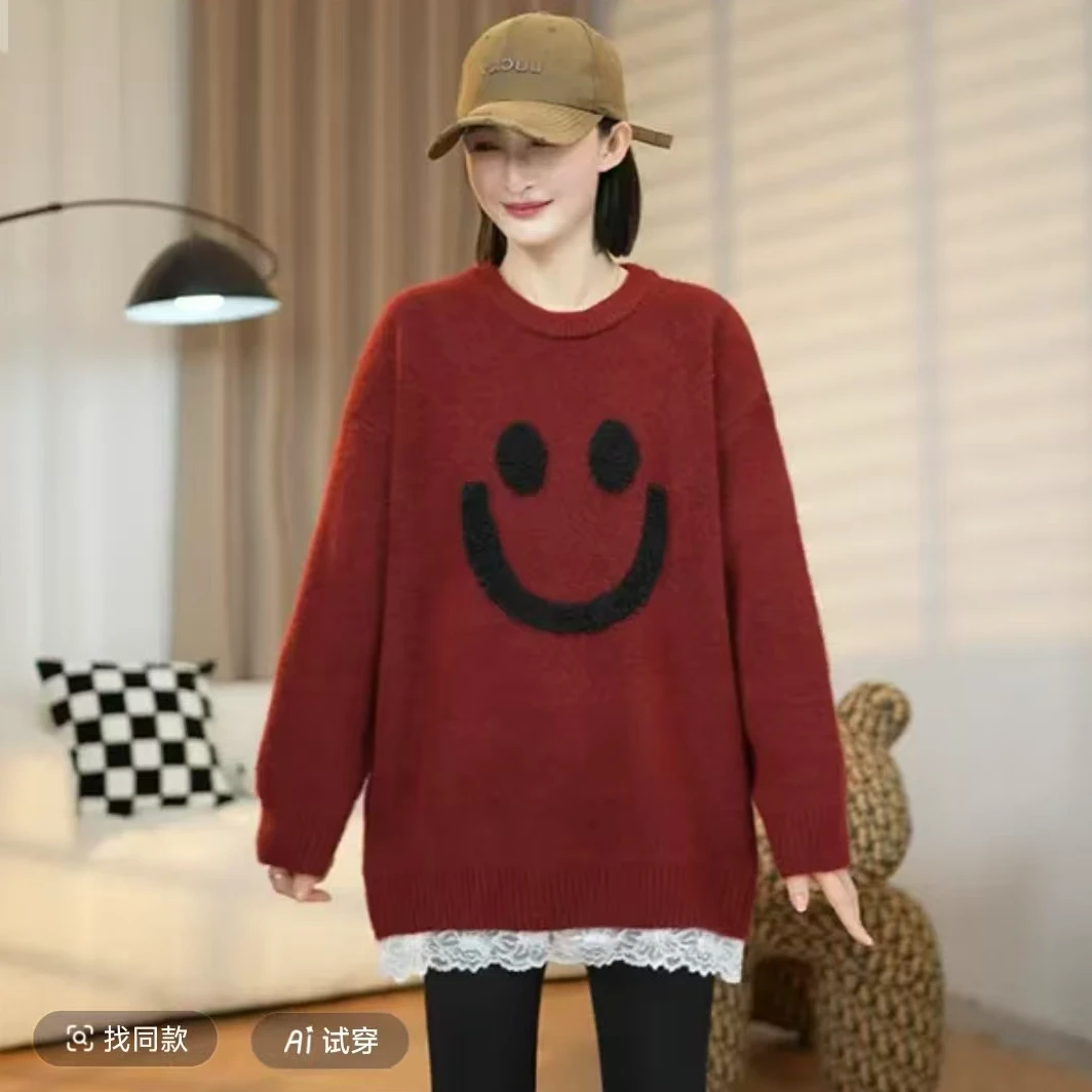 秋冬新款欧货韩系简约笑脸蕾丝拼接假两件针织毛衣显瘦Z48