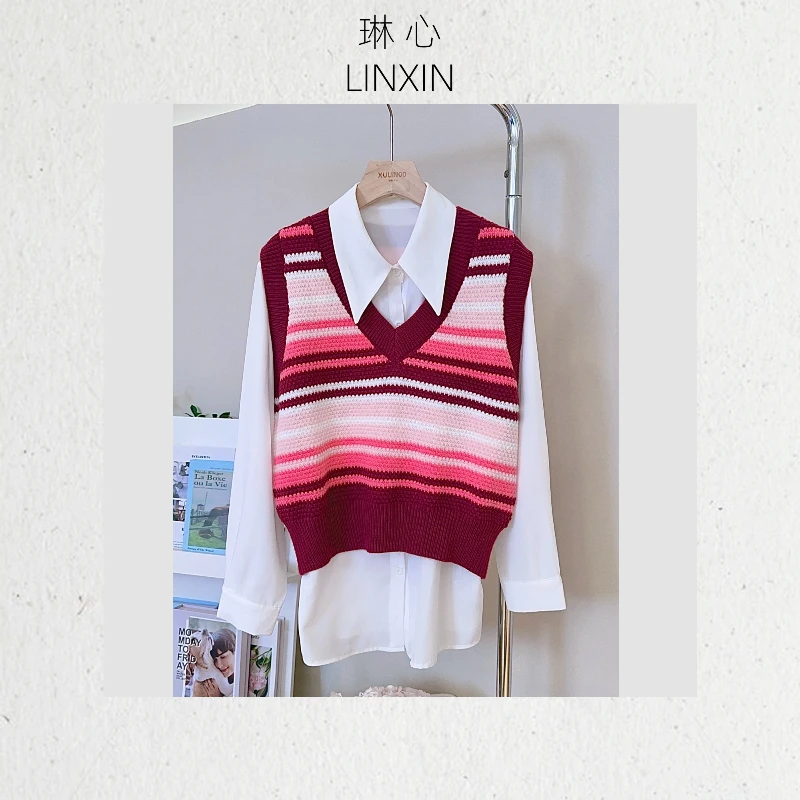 丨秋季休闲百搭宽松渐变条纹红色针织衫 QJR922