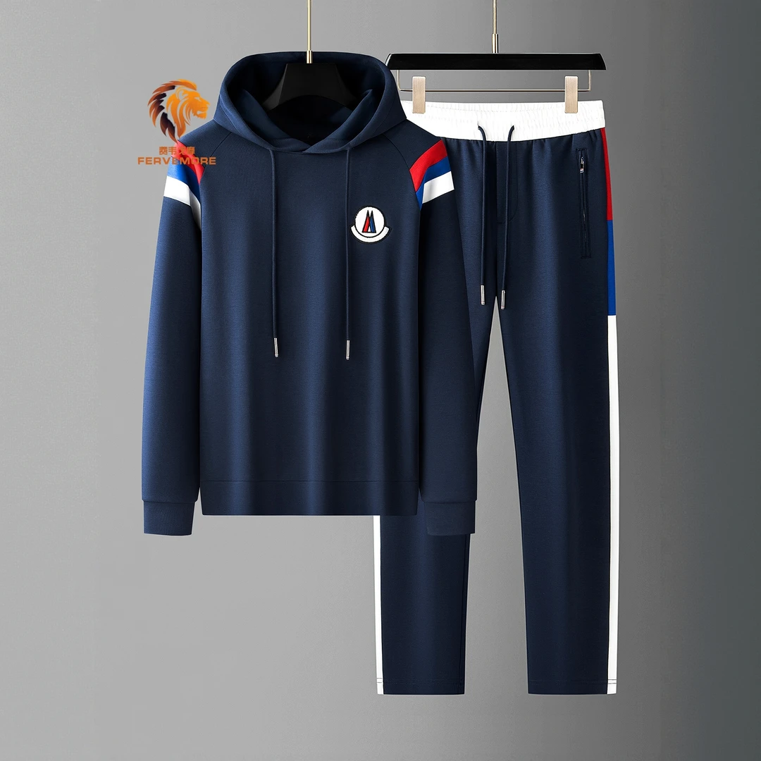 Fervemore费韦戈摩秋季时尚个性撞色拼接两件套男士连帽休闲套装