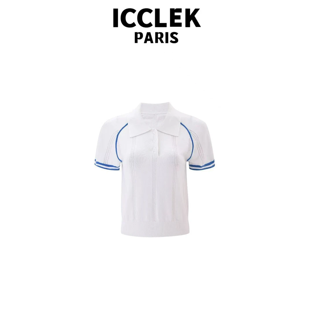 ICCLEK 夏季白色翻领竖条纹短袖针织衫百搭时尚学院 减 龄 -5482