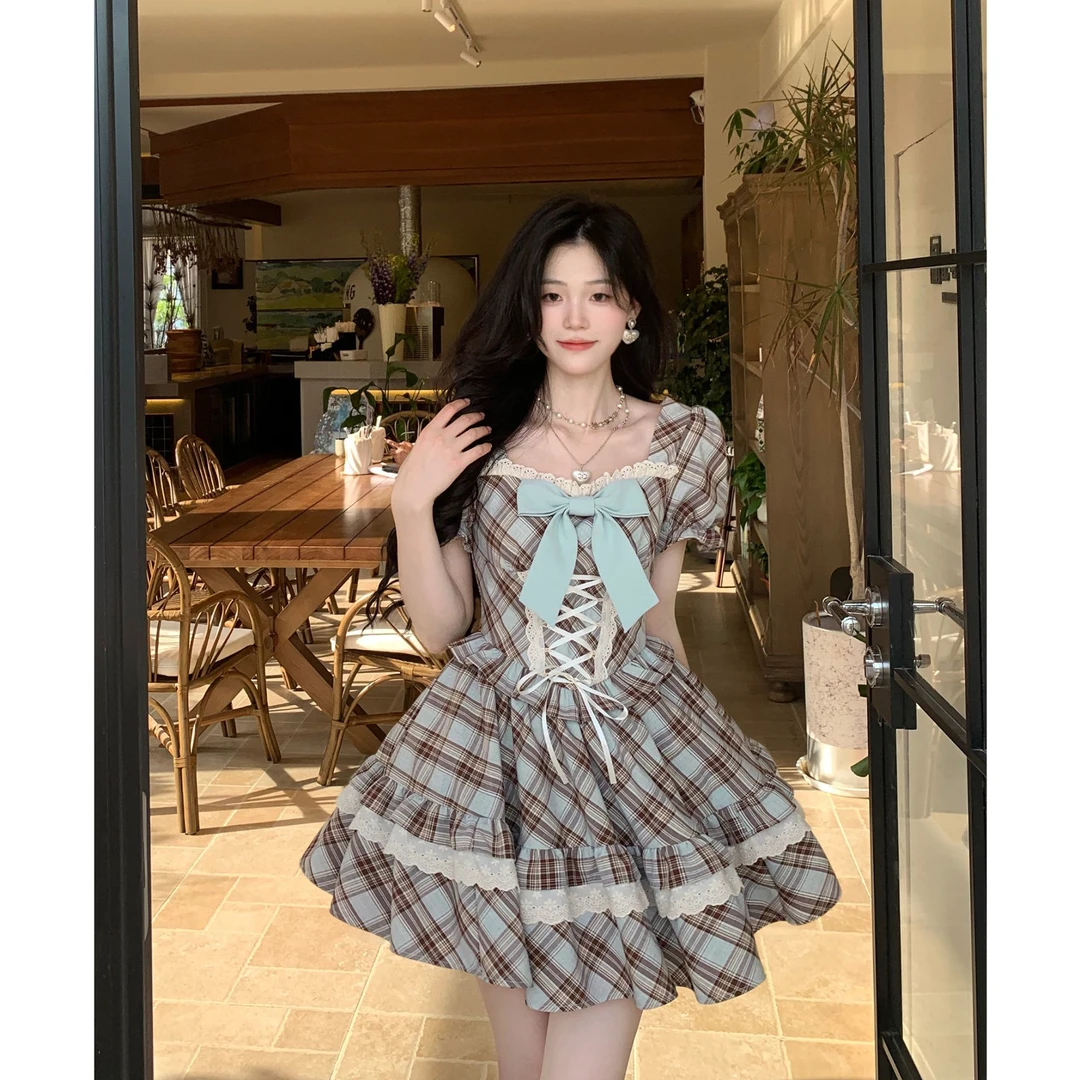 12211【糖糖】大码女装英伦学院复古格纹蕾丝绑带收腰蓬蓬连衣裙