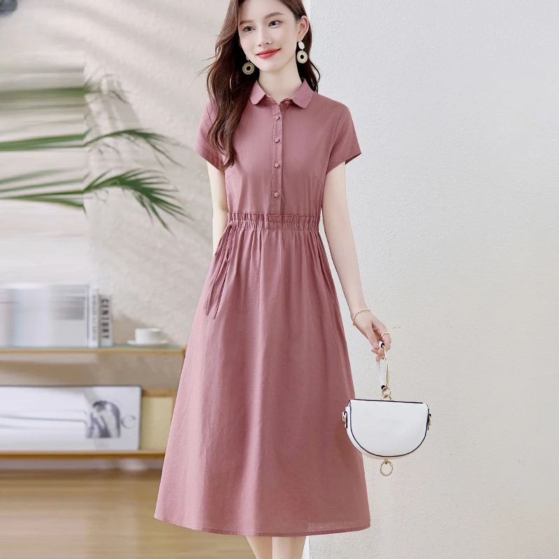 棉麻连衣裙女夏季2025新款今年流行爆款收腰气质长裙高端亚麻裙子