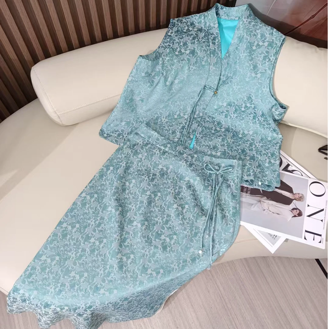 新中式复古国风女开叉包臀裙旗袍款裙子+马甲上衣套装（C11）25006