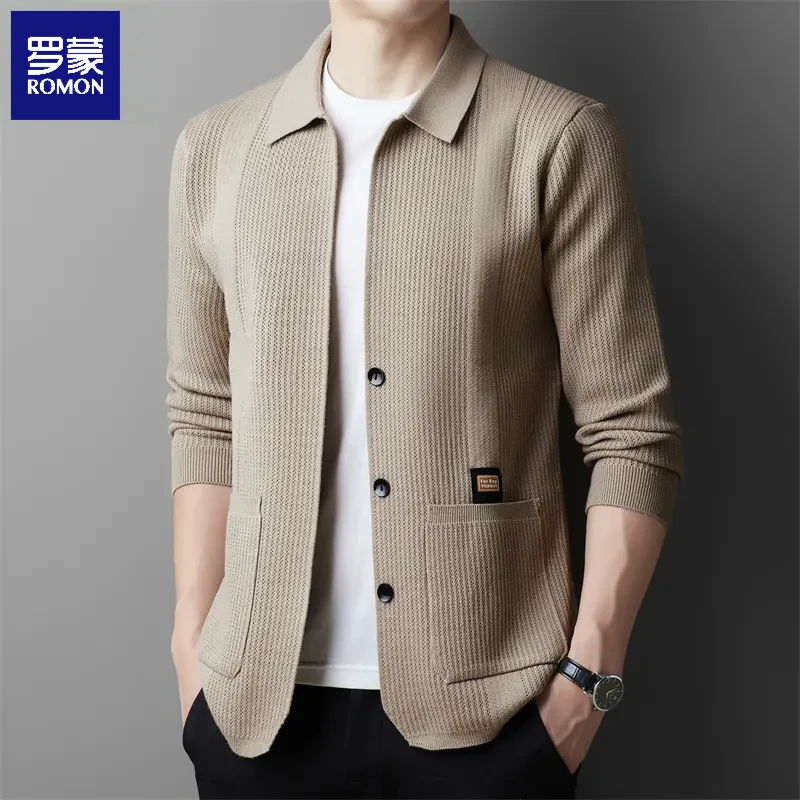 罗蒙秋季时尚百搭针织开衫男士商务休闲纯色翻领外穿毛衣夹克外套