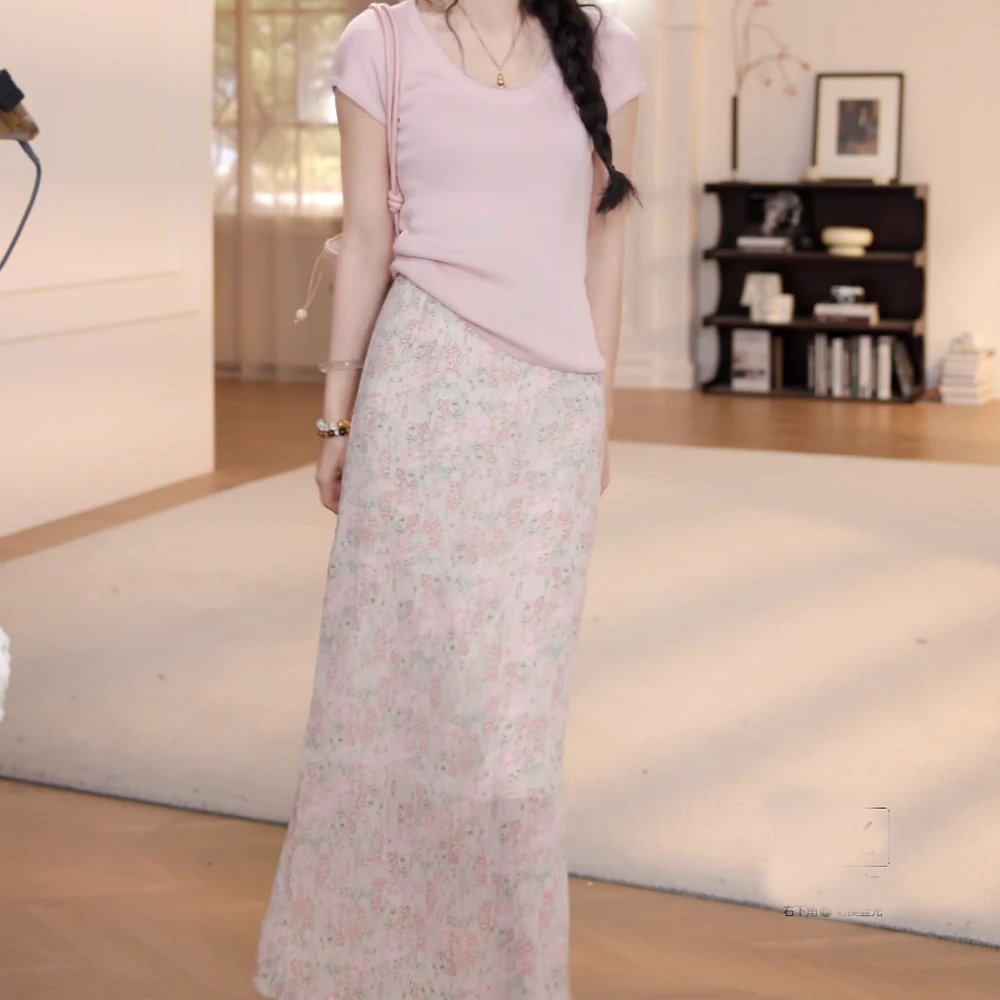 夏季纯色U领短袖针织衫+松紧腰提花碎花半身裙套装LK2503698-1