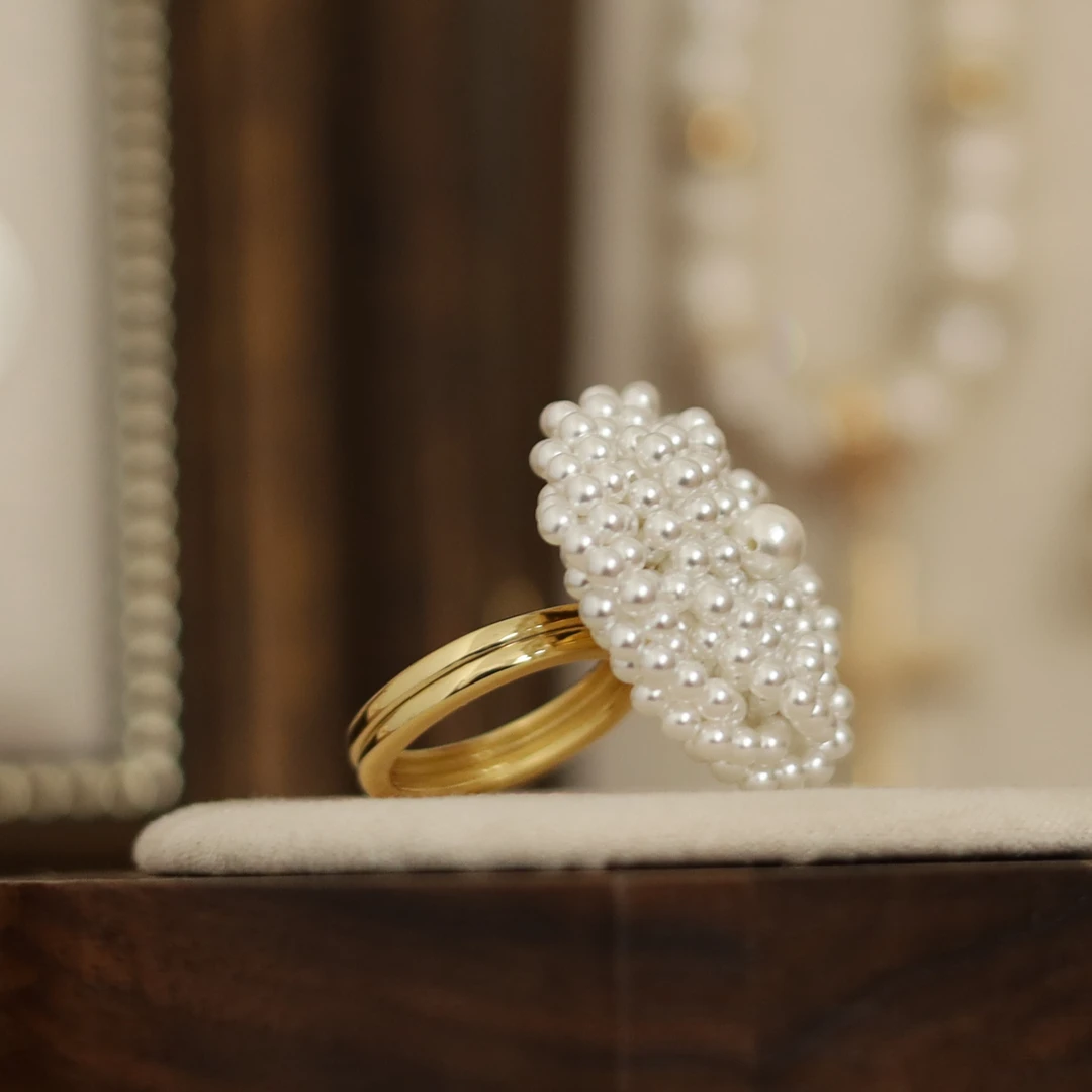 铜合金仿珍珠戒指 气质简约法式百搭编手工编织珍珠戒指