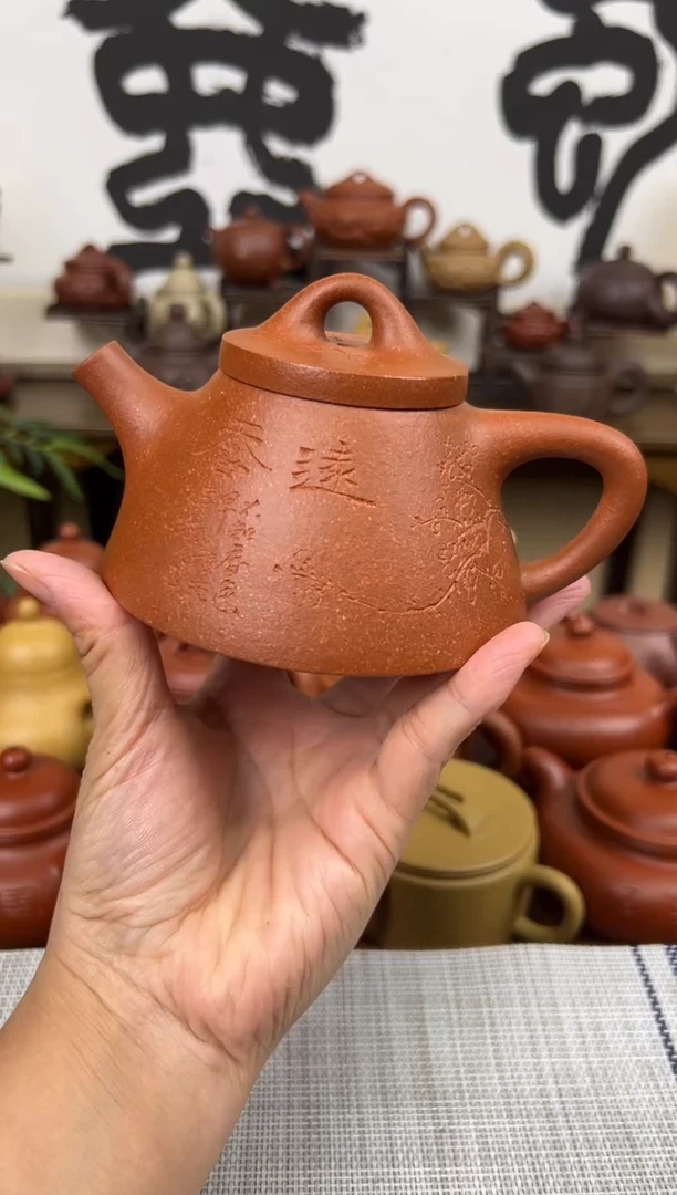 茶壶段泥黄降坡霸王石瓢壶山水刻220CC