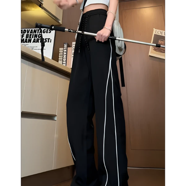 科宇2025春秋新款美式高街条纹垂坠感宽松直筒运动阔腿显瘦休闲裤