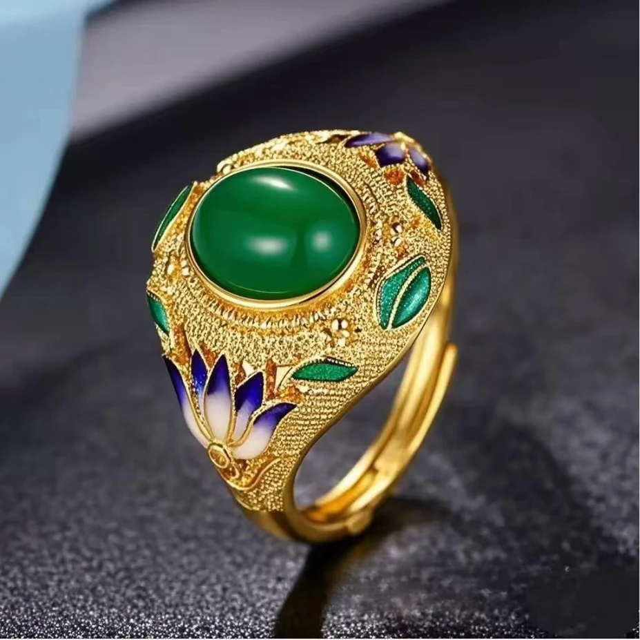 复古宫廷景泰蓝珐琅荷花开口戒指