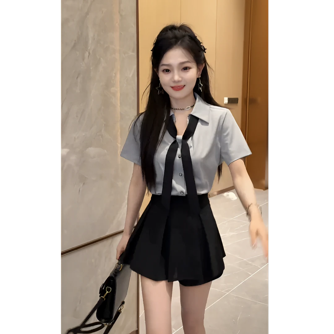 韩版宽松洋气休闲百搭短袖V领配领带灰色衬衫半身裙两件套套装女